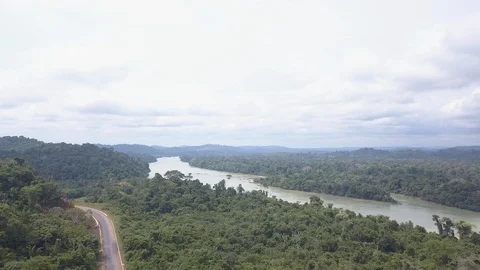 Aerial drone view of trees, BR 163 road and Jamamaxim river in Amazon rainforest Stock Footage 129471160