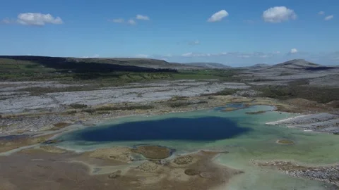 AERIAL Drone View of Turquoise Mountain Lake and Barren Highland Landscape Stock Footage 345122005