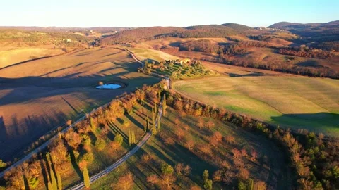 Aerial drone view Tuscany path cypress trees Italy Siena Crete 스톡 동영상 168563382