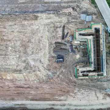 Aerial drone view of an underpass construction site with reinforced concret.. Stock Photos