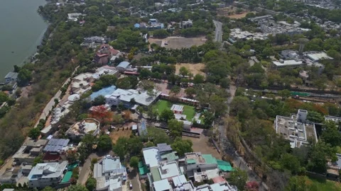 Aerial drone view of Upper lakeside residential neighborhood in Bhopal India Stock-Footage 336949851