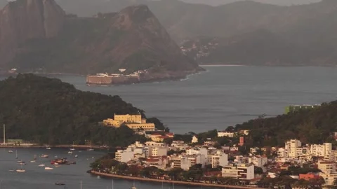 Aerial drone view of Urca and Guanabara Bay in Rio de Janeiro Brazil with 库存影片 341995647