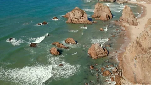 Aerial drone view. Ursa beach, rocks, praia da Ursa Stock Footage 217744812