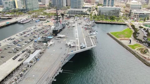 Aerial Drone View of USS Midway Museum in San Diego, CA Stock Footage 334675233