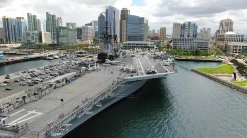 Aerial Drone View of USS Midway Museum in San Diego, CA Stock Footage 334675239