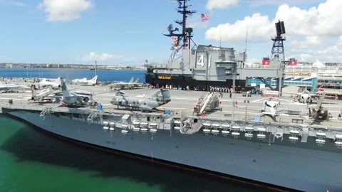 Aerial Drone View of USS Midway Museum in San Diego, CA Stock Footage 334676032