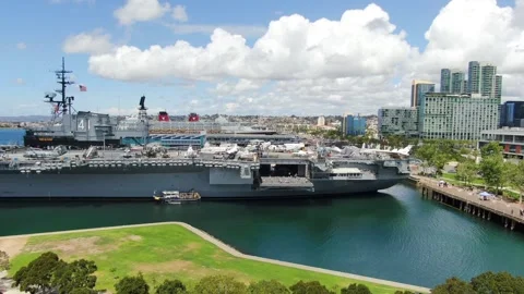 Aerial Drone View of USS Midway Museum in San Diego, CA Stock Footage 334676084