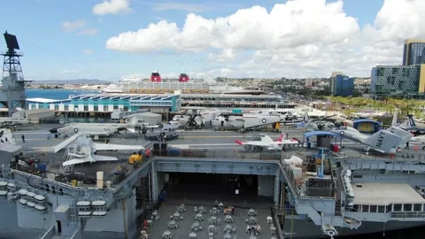 Aerial Drone View of USS Midway Museum in San Diego, CA Stock Footage 334676085
