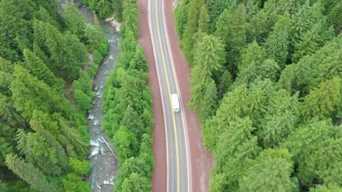 Aerial Drone view of a van driving thru a dense forest along side a river Video stock 312531927