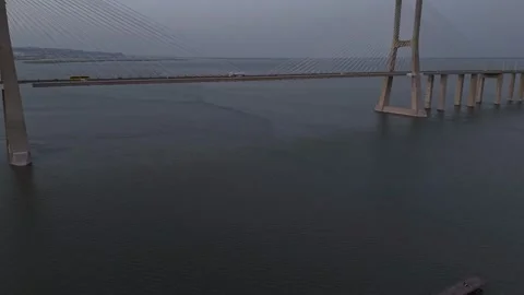 Aerial drone view of Vasco da Gama Bridge - the longest bridge in the EU Stock Footage 314857862