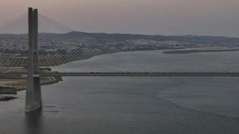 Aerial drone view of Vasco da Gama Bridge - the longest bridge in the EU Stock Footage 314857886