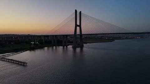 Aerial drone view of Vasco da Gama Bridge - the longest bridge in the EU Stock Footage 314857890
