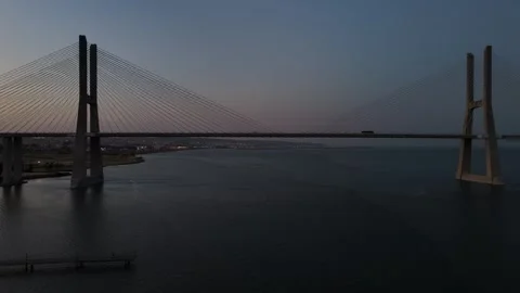 Aerial drone view of Vasco da Gama Bridge - the longest bridge in the EU Stock Footage 314857912