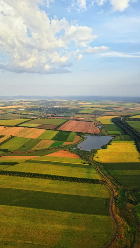Aerial drone view of the vast Moldovan countryside with colorful patchwork Stock Footage 321852583