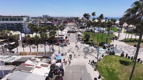 Aerial Drone View of Venice Beach Boardwalk and Skatepark, Los Angeles, CA Vídeos de archivo 340657168