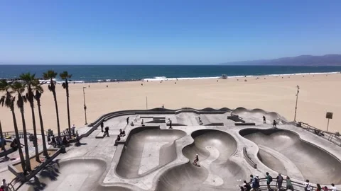 Aerial Drone View of Venice Beach Boardwalk and Skatepark, Los Angeles, CA Видео 340657171