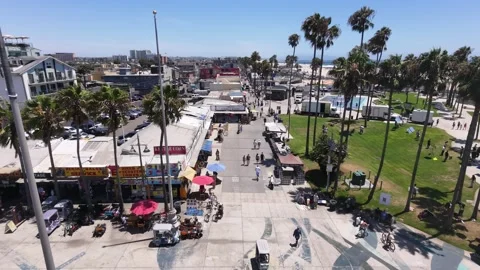 Aerial Drone View of Venice Beach Boardwalk and Skatepark, Los Angeles, CA Stock Footage 340657175