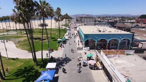 Aerial Drone View of Venice Beach Boardwalk and Skatepark, Los Angeles, CA Видео 340657178