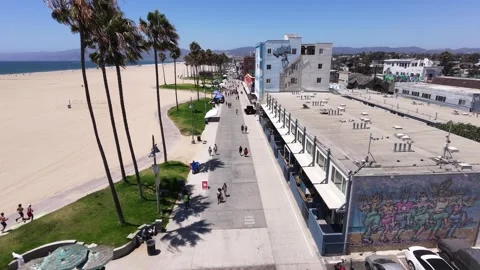 Aerial Drone View of Venice Beach Boardwalk and Skatepark, Los Angeles, CA Видео 340657186