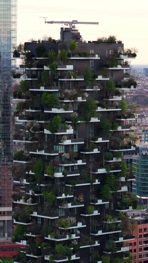 Aerial drone view of the Vertical Forest complex of residential skyscrapers in Stock Footage 306419644