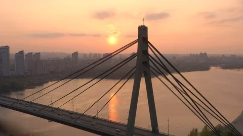 Aerial drone view View Of North or Moscow Bridge Kiev, Ukraine over Dnieper. Stock Footage 129810058