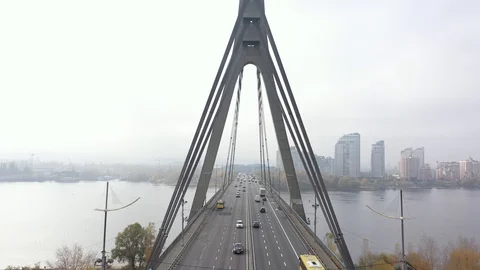 Aerial drone view View Of North or Moscow Bridge Kiev, Ukraine over Dnieper. Stock Footage 129811331
