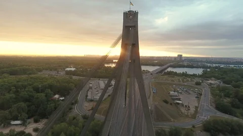 Aerial drone view View Of North or Moscow Bridge Kiev, Ukraine over Dnieper. Video stock 129813446