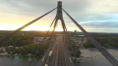 Aerial drone view View Of North or Moscow Bridge Kiev, Ukraine over Dnieper. Video stock 129814412