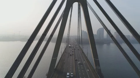 Aerial drone view View Of North or Moscow Bridge Kiev, Ukraine over Dnieper. Stock Footage 129814459