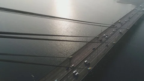 Aerial drone view View Of North or Moscow Bridge Kiev, Ukraine over Dnieper. Stock Footage 129814779