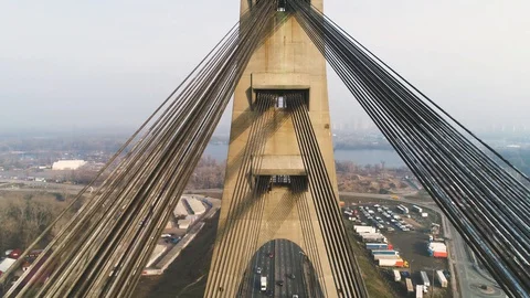 Aerial drone view View Of North or Moscow Bridge Kiev, Ukraine over Dnieper. Stock Footage 129815002