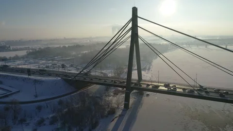 Aerial drone view View Of North or Moscow Bridge Kiev, Ukraine over Dnieper. Stock Footage 129815648