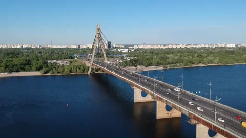 Aerial drone view View Of North or Moscow Bridge Kiev, Ukraine over Dnieper. Stock Footage