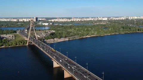 Aerial drone view View Of North or Moscow Bridge Kiev, Ukraine over Dnieper. Stock Footage 130593877