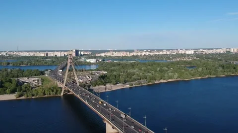 Aerial drone view View Of North or Moscow Bridge Kiev, Ukraine over Dnieper. Stock Footage 130728407