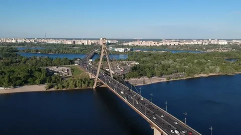 Aerial drone view View Of North or Moscow Bridge Kiev, Ukraine over Dnieper. Stock Footage 130730501