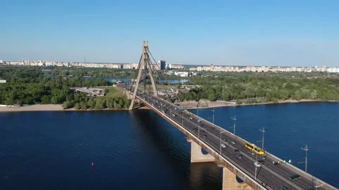 Aerial drone view View Of North or Moscow Bridge Kiev, Ukraine over Dnieper. Stock Footage 130789097