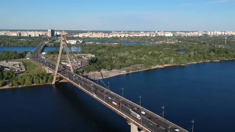 Aerial drone view View Of North or Moscow Bridge Kiev, Ukraine over Dnieper. Stock Footage 130791103