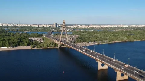 Aerial drone view View Of North or Moscow Bridge Kiev, Ukraine over Dnieper. Stock Footage 130791947