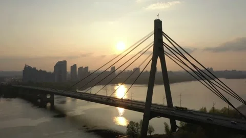 Aerial drone view View Of North or Moscow Bridge Kiev. Video stock 218804205