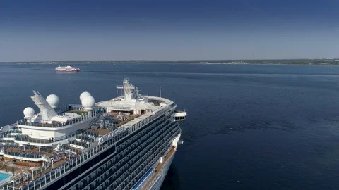 The aerial drone view View of the top deck of the cruise ship in Tallin Eston Stock Footage 91333752