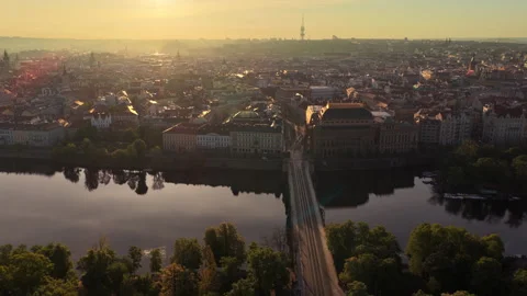 Aerial drone view of the Vltava river with a bridge toward the historic centre Stock Footage 336609601