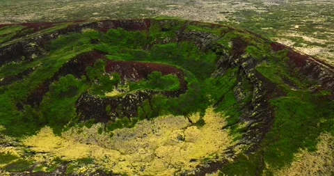 Aerial Drone View of Volcanic Crater with Green Moss in Iceland Búðaklettur Stock-Footage 334418656
