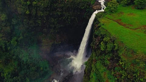 Aerial drone view of waterfall plunging into lush green gorge Stock Footage 345292868