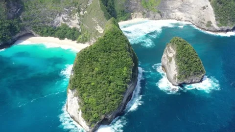 Aerial drone view of waves crashing on white cliffs in Nusa Penida, Bali Stock Footage 346616788