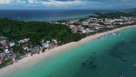 Aerial Drone View of White Beach Boracay with Sailboats – 4K Tropical Paradise 스톡 동영상 320850145