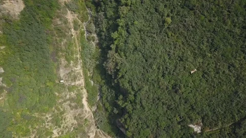 Aerial drone view of a white cable car ride over a lot of vegetation and a river Stock-Footage 198778570