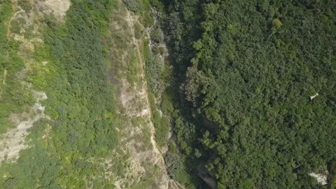Aerial drone view of a white cable car ride over a lot of vegetation and a river 库存影片 198779308
