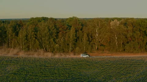 Aerial drone view: White suv car is fast going on rural road. Drone is follow Stock Footage 161808239