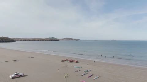 Aerial Drone View of Whitesands Beach and Coastline, Pembrokeshire Wales Stock Footage 343579458